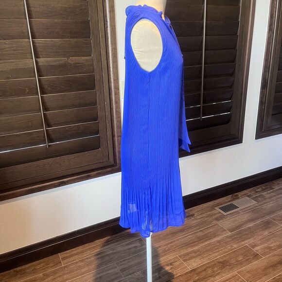 Donna Karan New York midi shift dress 4 Blue sleeveless tie neck pleated NEW - Picture 9 of 12